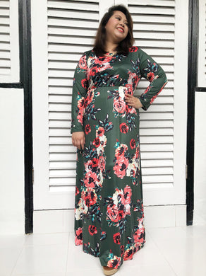 Long-Sleeved Floral Maxi (Moss Green)