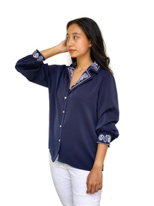 Cuffed Embroidered Satin Blouse [BACKORDER]