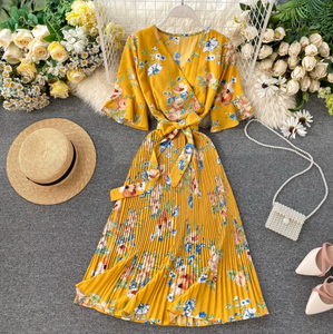 Pleated Floral Midi Dress