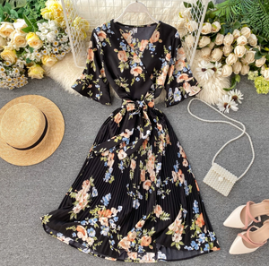Pleated Floral Midi Dress