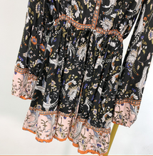 Crane-Print Bohemian Drawstring Dress